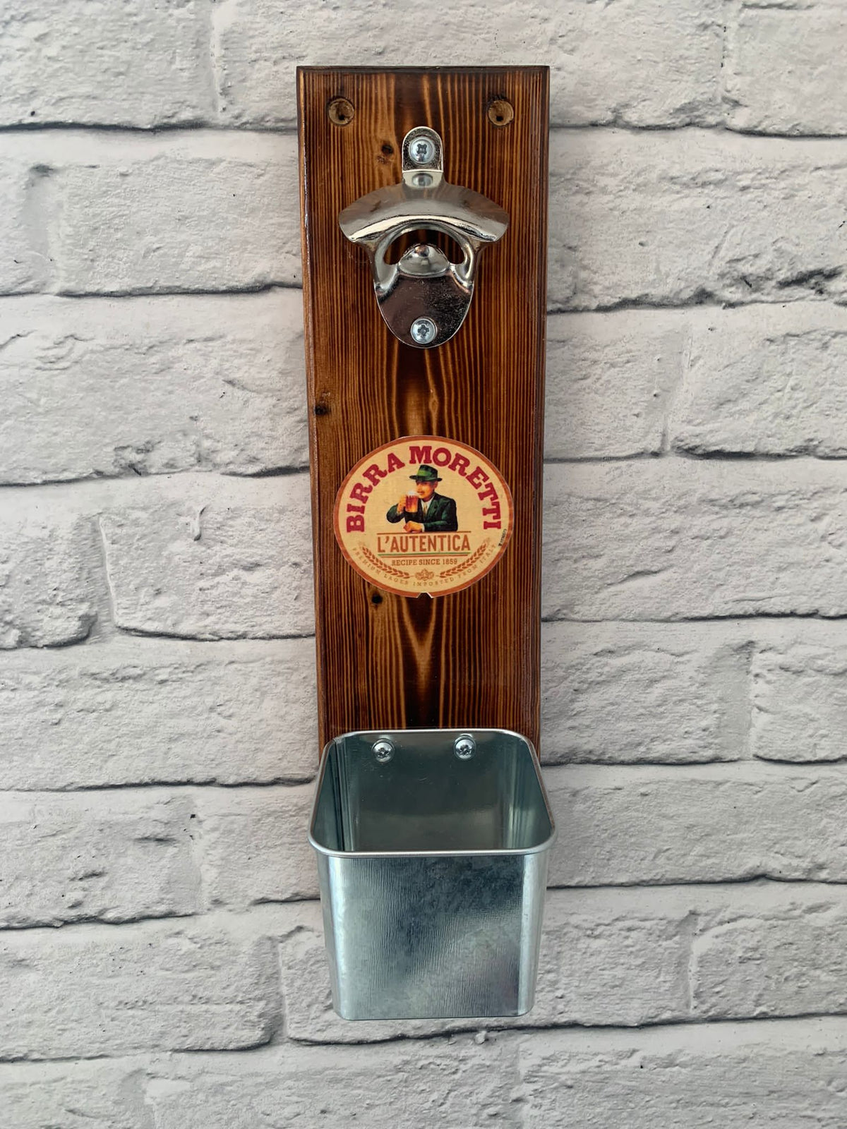 Handmade Reclaimed Wood Wall Mounted Bottle Opener with Cap Catcher - Fathers Day Gift - Beer Garden