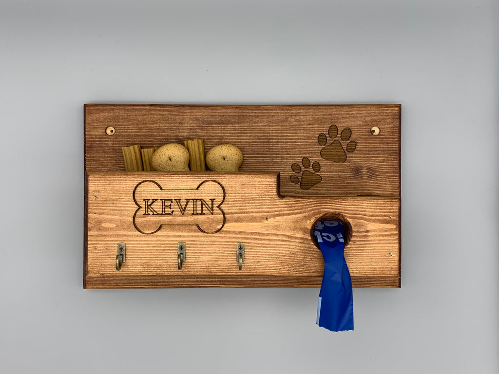 Personalised Engraved Wood Wall Mounted Dog Lead and Treat Holder Station - Hooks / Leader / Leash / Poo Bags Tidy