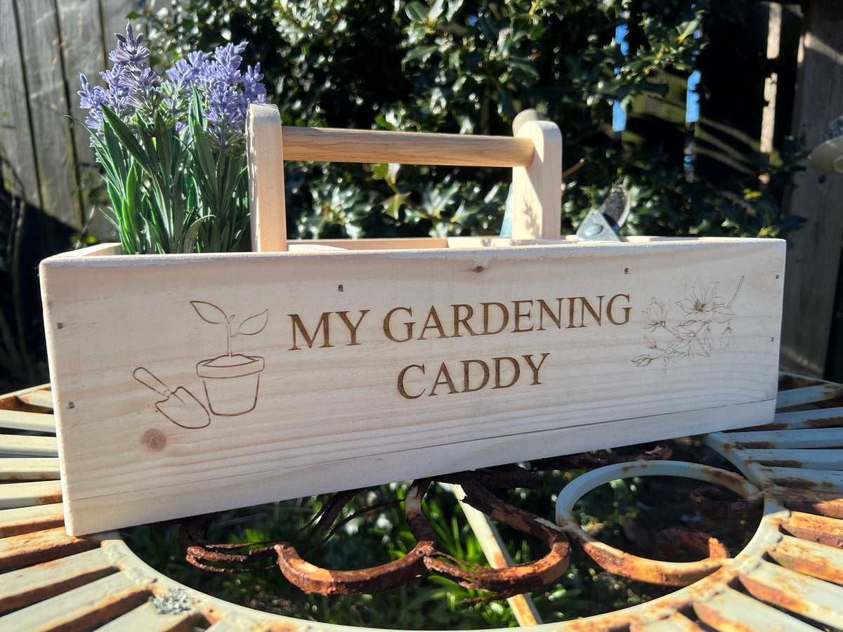 Personalised Handmade Rustic Gardening Caddy/Trug with folding handle