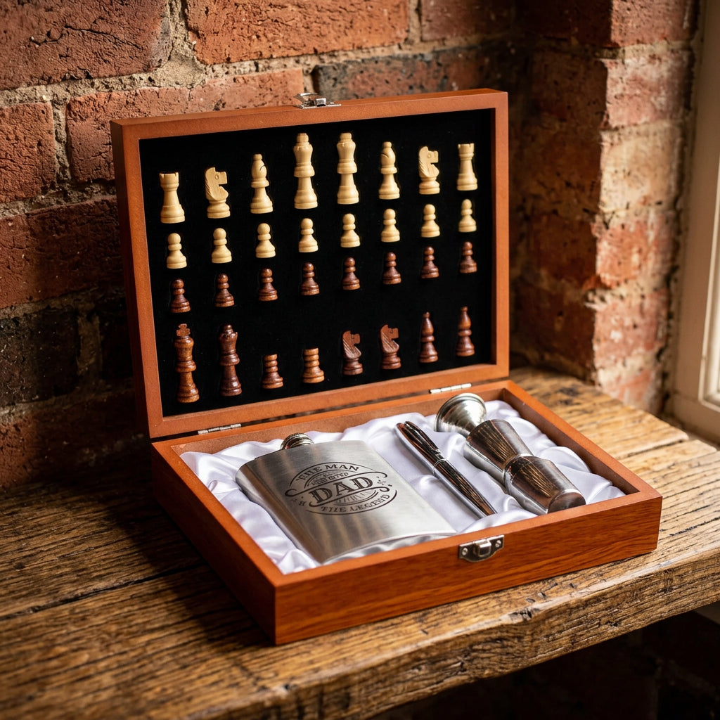 Stainless steel hip flask chess set box