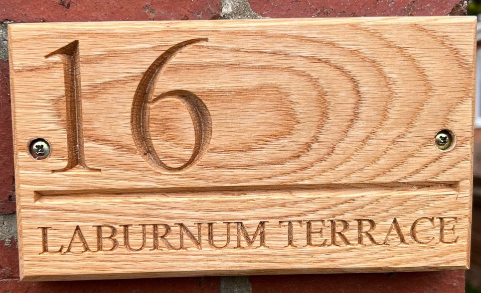 Contemporary Solid Oak V Carved house sign, address plaque.