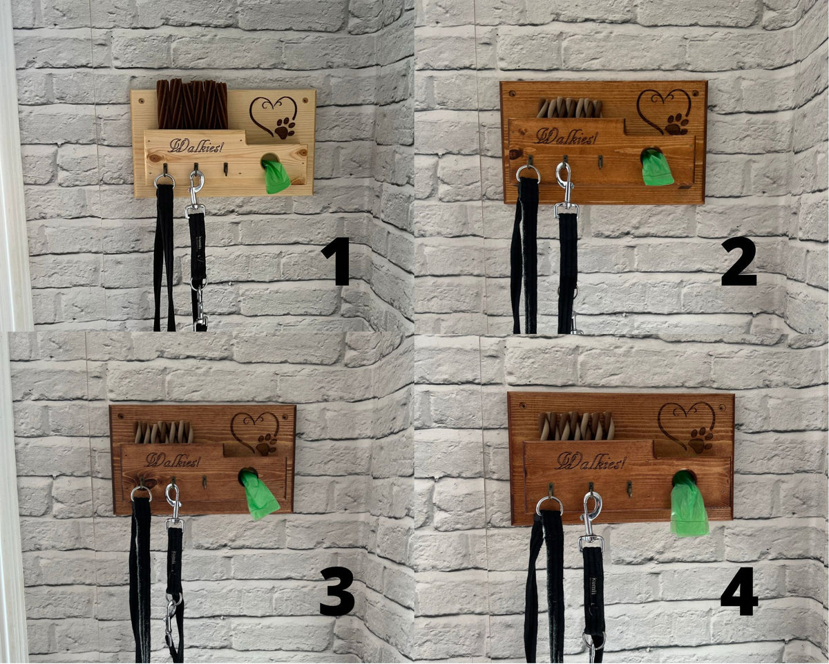 Personalised Engraved Wood Wall Mounted Dog Lead and Treat Holder Station - Hooks / Leader / Leash / Poo Bags Tidy