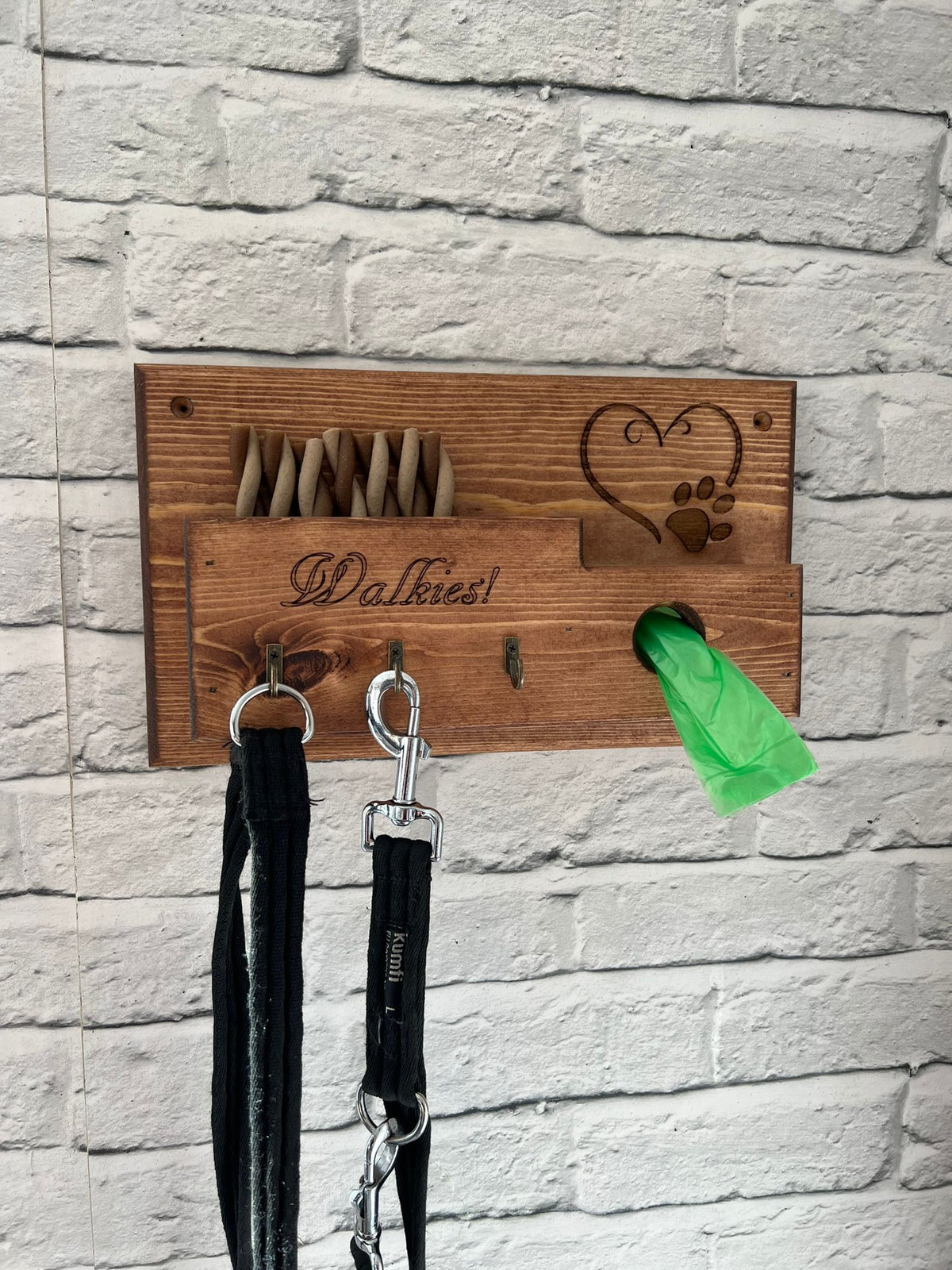 Personalised Engraved Wood Wall Mounted Dog Lead and Treat Holder Station - Hooks / Leader / Leash / Poo Bags Tidy