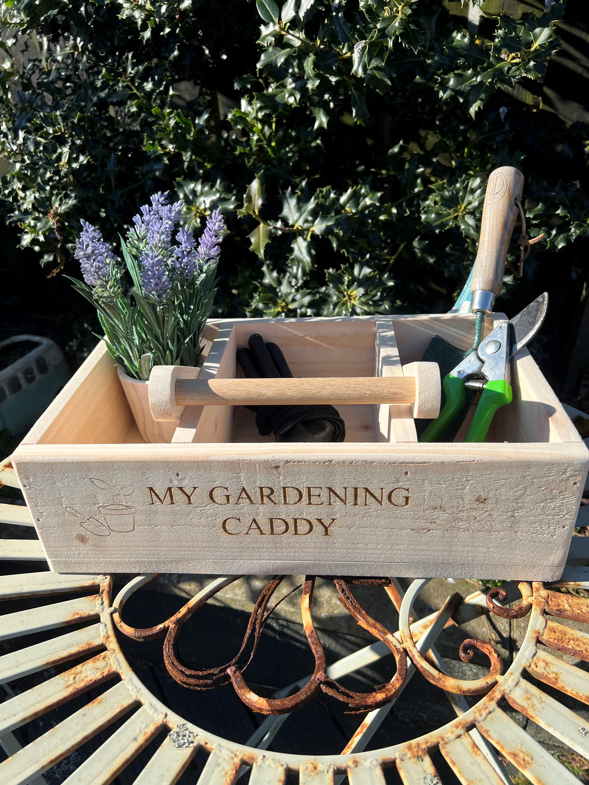 Personalised Handmade Rustic Gardening Caddy/Trug with folding handle