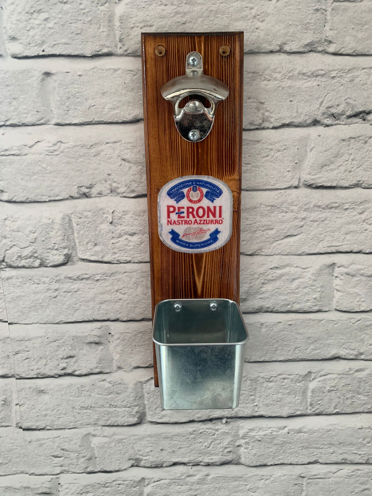 Handmade Reclaimed Wood Wall Mounted Bottle Opener with Cap Catcher - Fathers Day Gift - Beer Garden