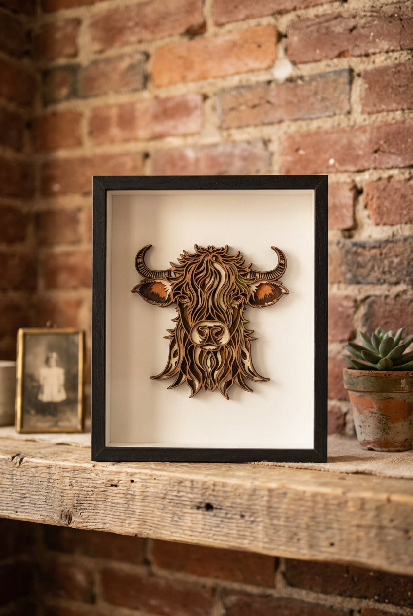 Wood Multilayer Highland Cow Picture