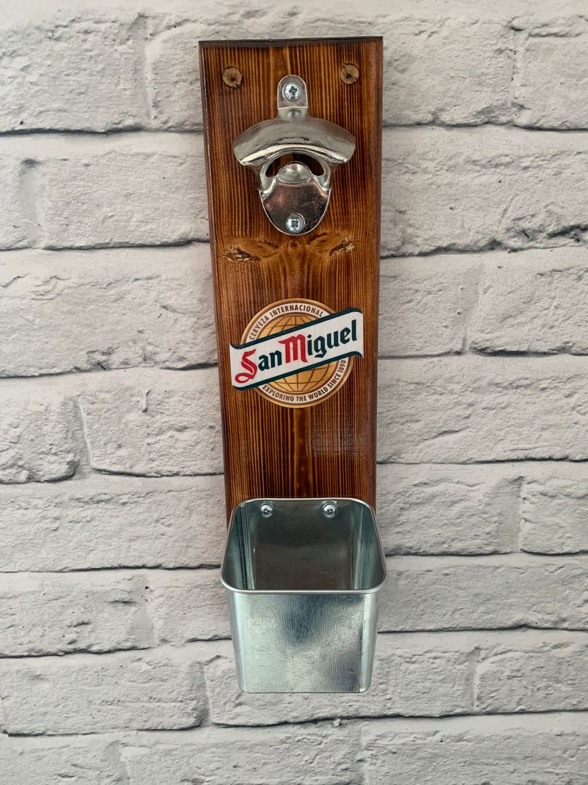 Handmade Reclaimed Wood Wall Mounted Bottle Opener with Cap Catcher - Fathers Day Gift - Beer Garden