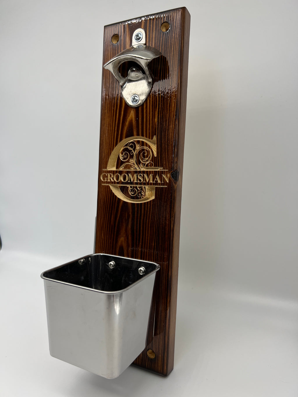 Handmade Carved Wood Wall Mounted Bottle Opener with Cap Catcher - Wedding Best Man / Usher / Groomsman Gift