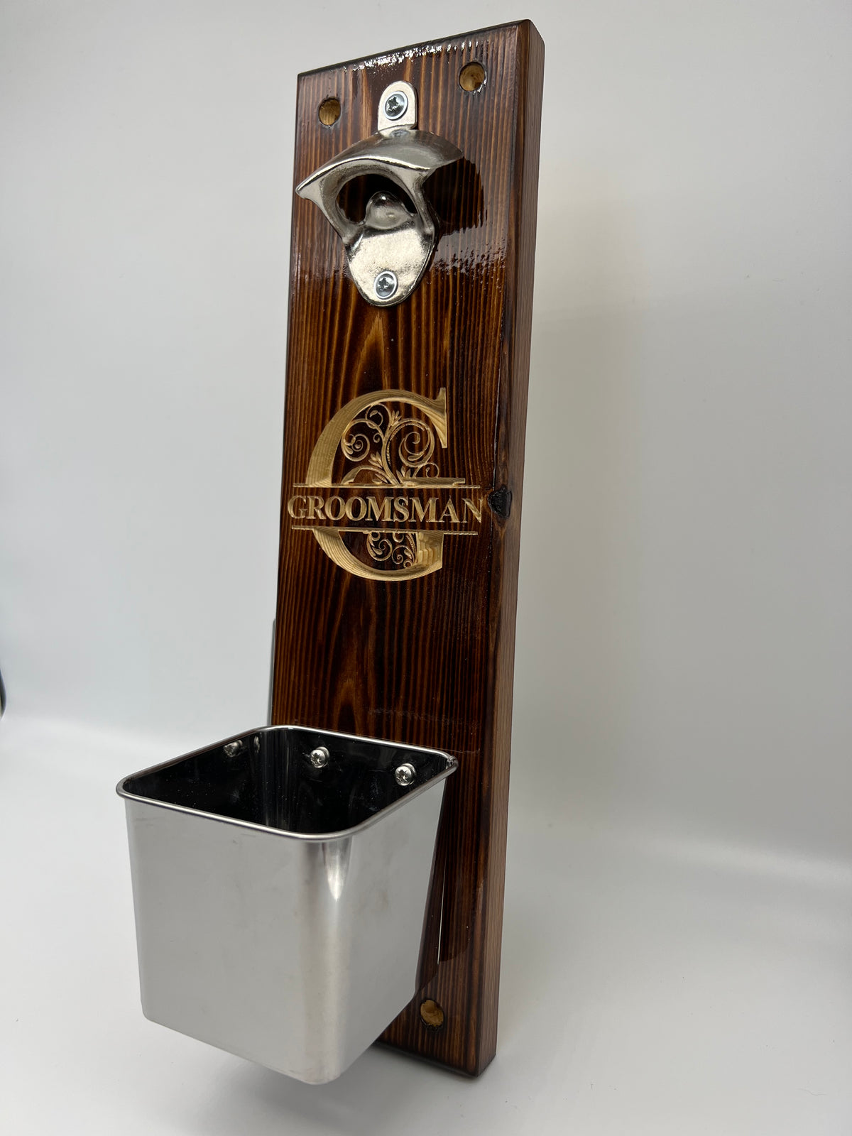 Handmade Carved Wood Wall Mounted Bottle Opener with Cap Catcher - Wedding Best Man / Usher / Groomsman Gift
