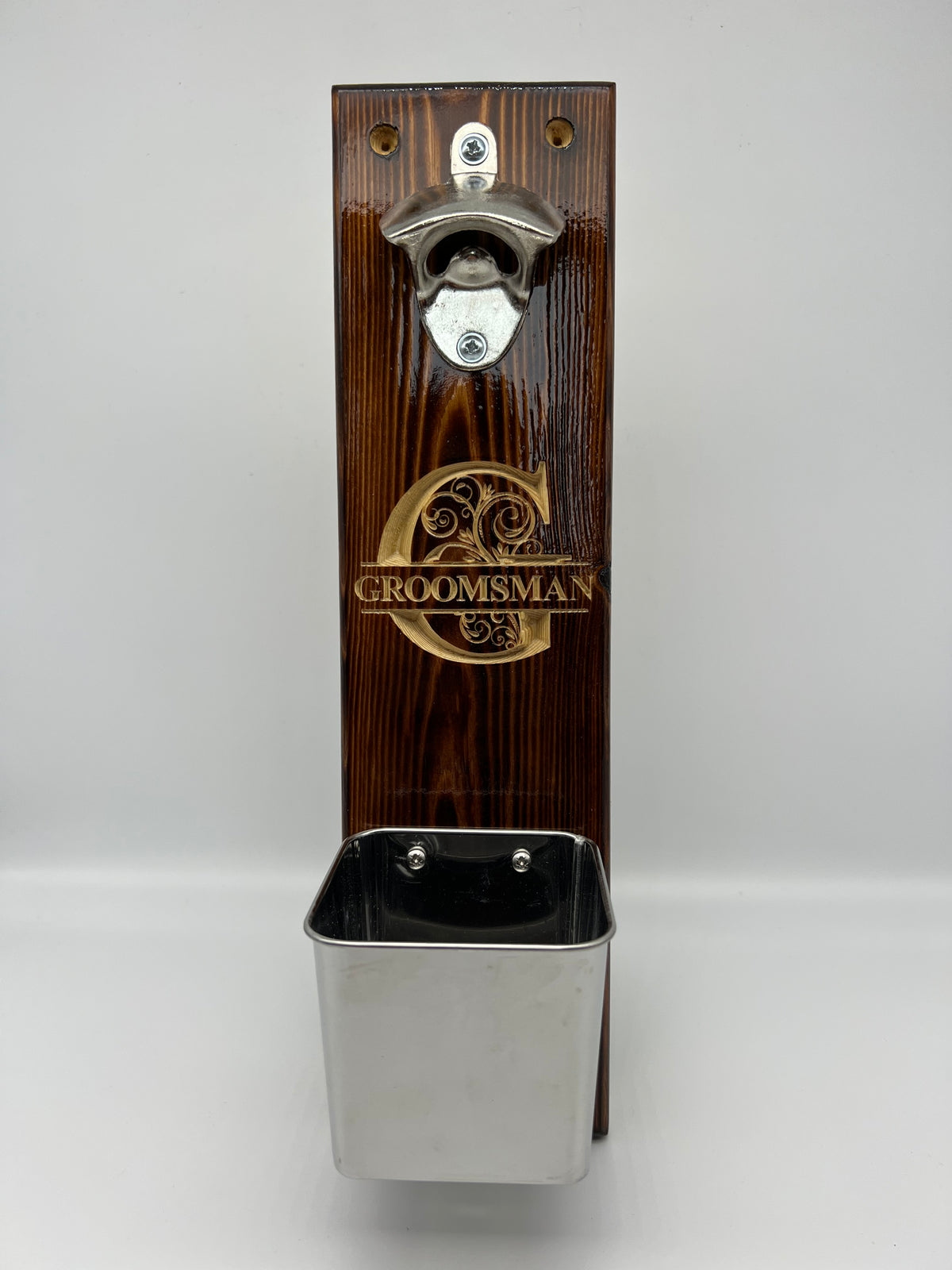 Handmade Carved Wood Wall Mounted Bottle Opener with Cap Catcher - Wedding Best Man / Usher / Groomsman Gift