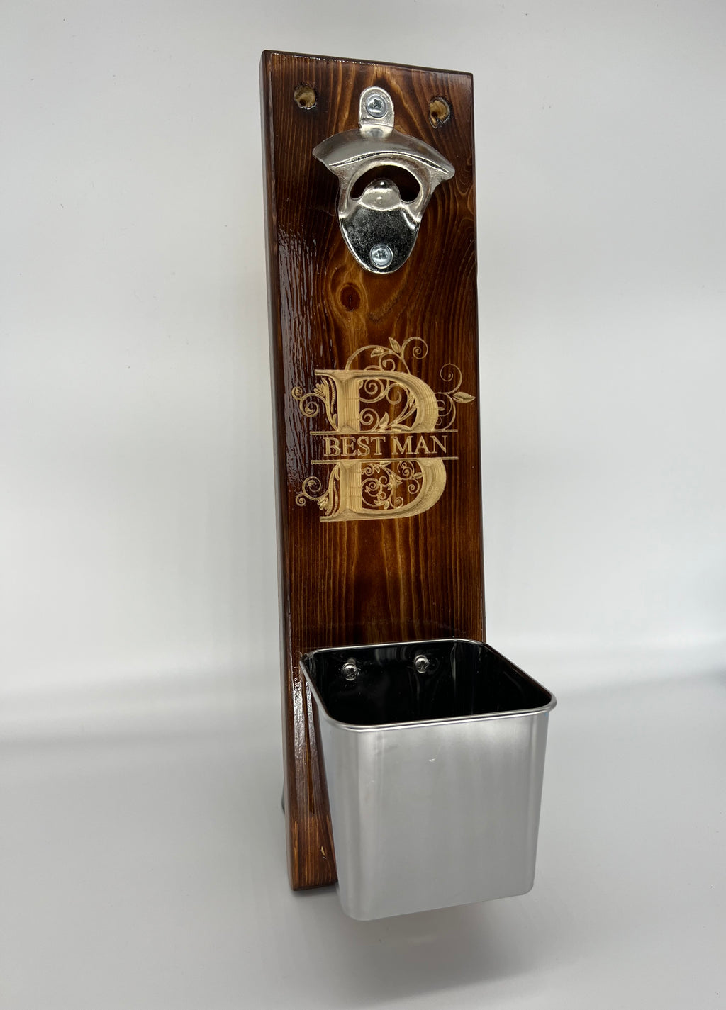 Handmade Carved Wood Wall Mounted Bottle Opener with Cap Catcher - Wedding Best Man / Usher / Groomsman Gift