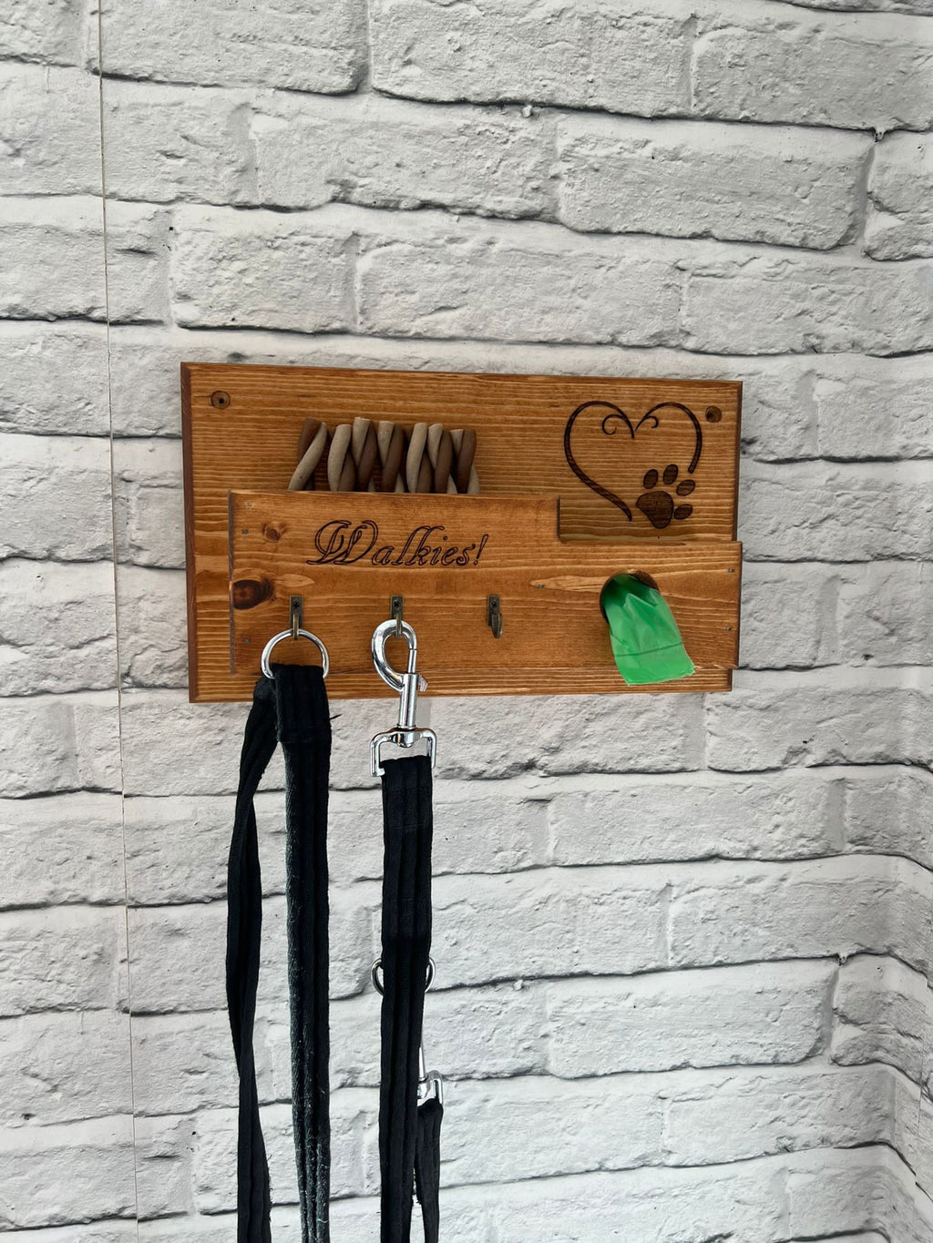 Personalised Engraved Wood Wall Mounted Dog Lead and Treat Holder Station - Hooks / Leader / Leash / Poo Bags Tidy