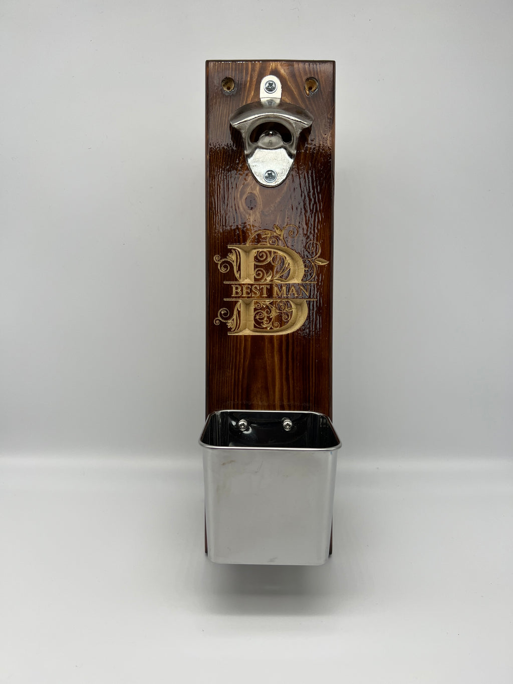 Handmade Carved Wood Wall Mounted Bottle Opener with Cap Catcher - Wedding Best Man / Usher / Groomsman Gift