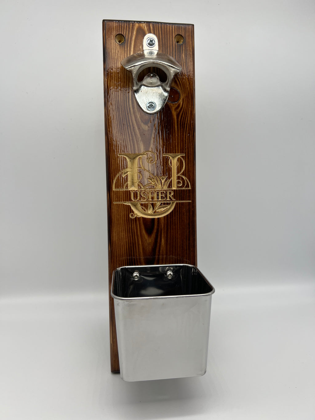 Handmade Carved Wood Wall Mounted Bottle Opener with Cap Catcher - Wedding Best Man / Usher / Groomsman Gift