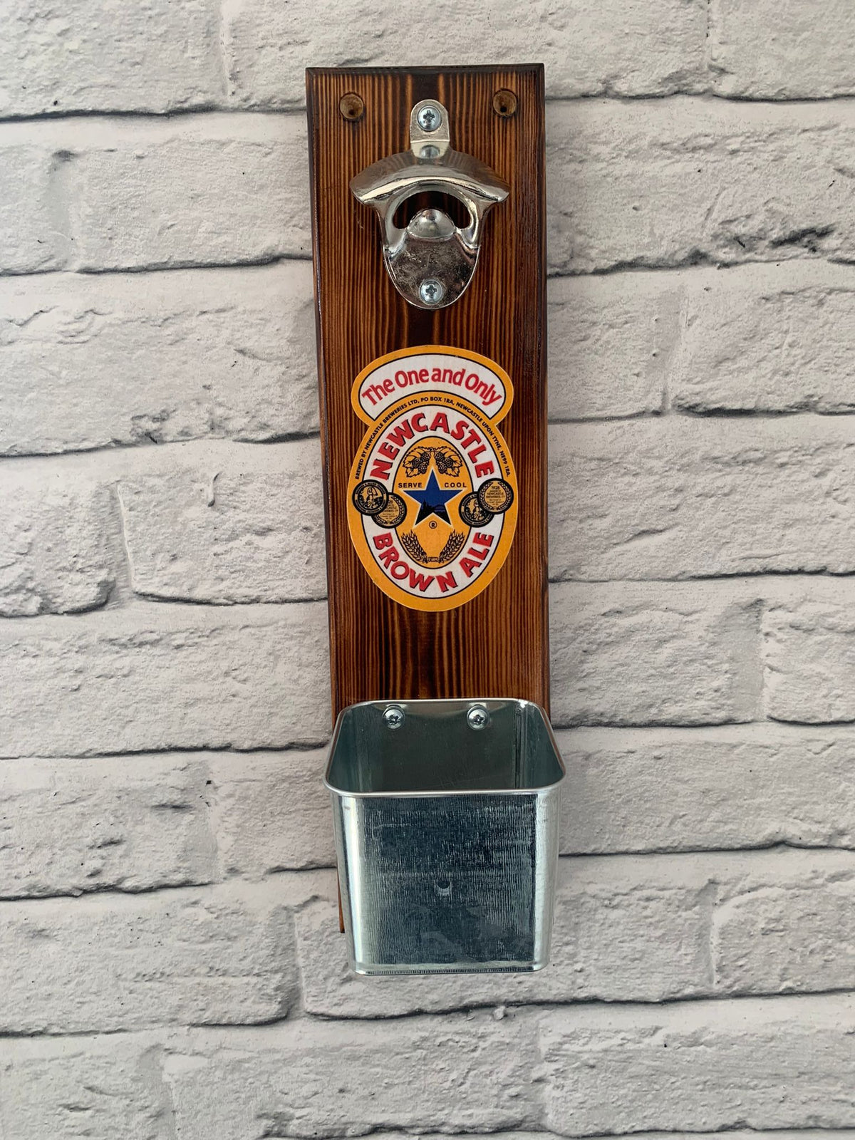 Handmade Reclaimed Wood Wall Mounted Bottle Opener with Cap Catcher - Fathers Day Gift - Beer Garden