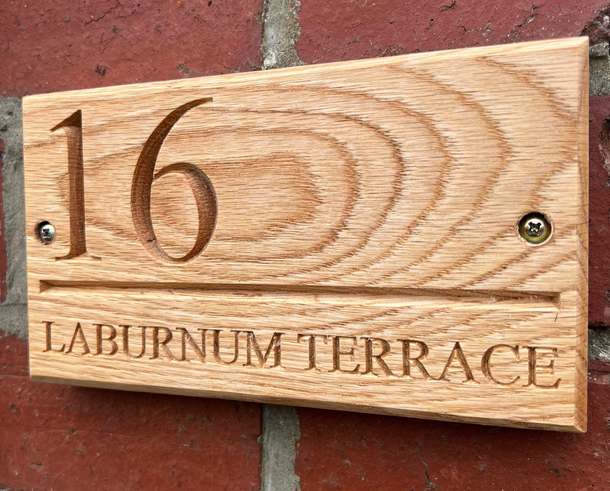 Contemporary Solid Oak V Carved house sign, address plaque.