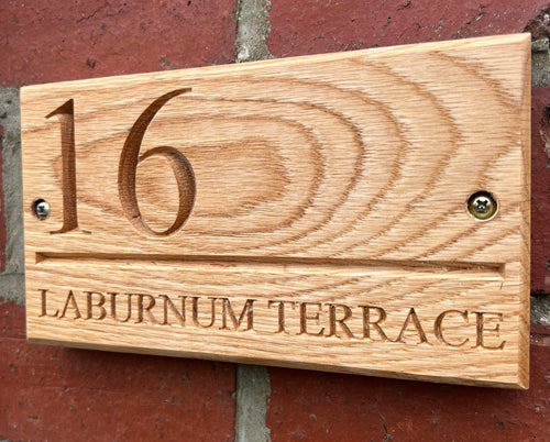Contemporary Solid Oak V Carved house sign, address plaque.