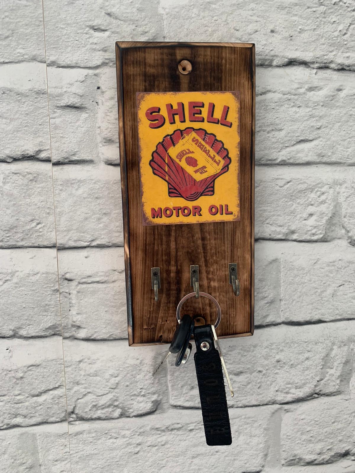 Handmade Reclaimed Wood Wall Mounted Key Hook Hanger Rack - Ideal For Man Caves / Kitchen Automobilia - Castrol / Shell / Gulf / Car