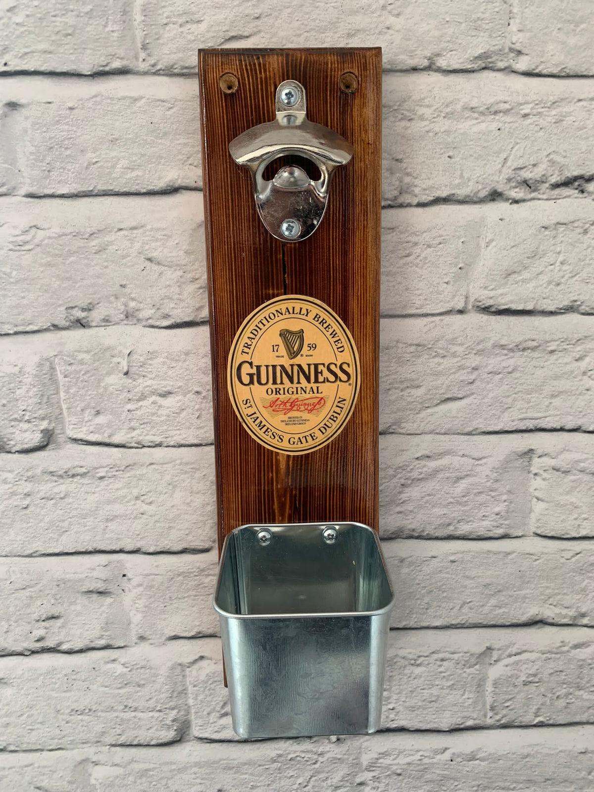 Handmade Reclaimed Wood Wall Mounted Bottle Opener with Cap Catcher - Fathers Day Gift - Beer Garden