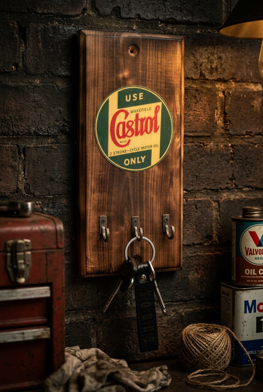 Handmade Reclaimed Wood Wall Mounted Key Hook Hanger Rack - Ideal For Man Caves / Kitchen Automobilia - Castrol / Shell / Gulf / Car