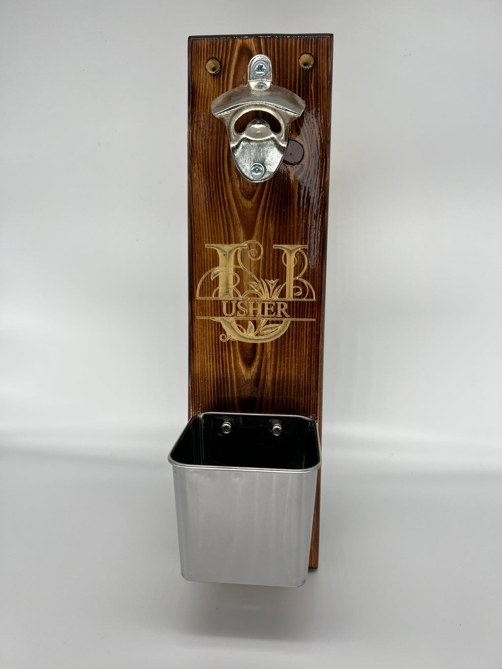 Handmade Carved Wood Wall Mounted Bottle Opener with Cap Catcher - Wedding Best Man / Usher / Groomsman Gift