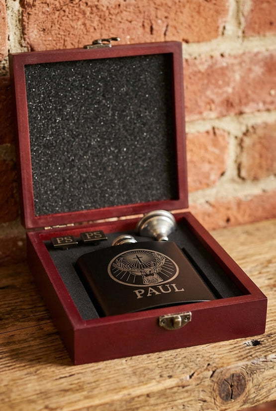 Personalised 6oz hip flask and cuff link set