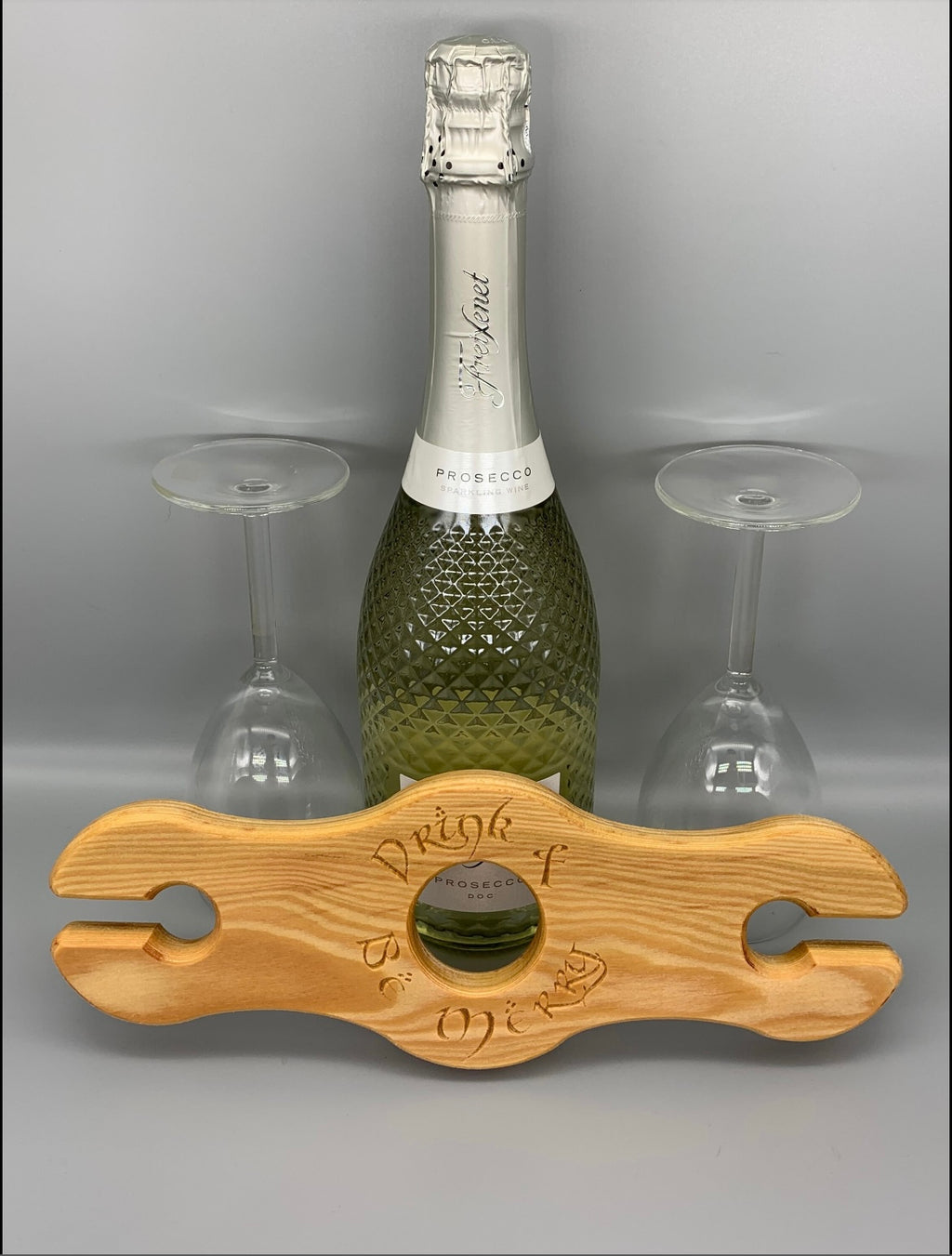Wood Carved Drink and be Merry Wine Caddy