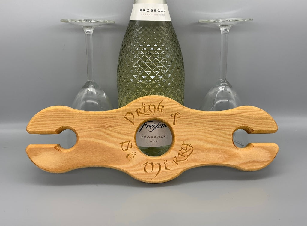 Wood Carved Drink and be Merry Wine Caddy