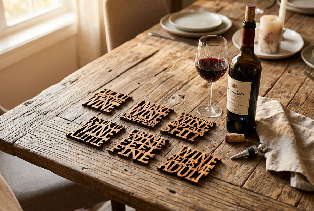 Wood Slogan Coasters (Wine Themed)