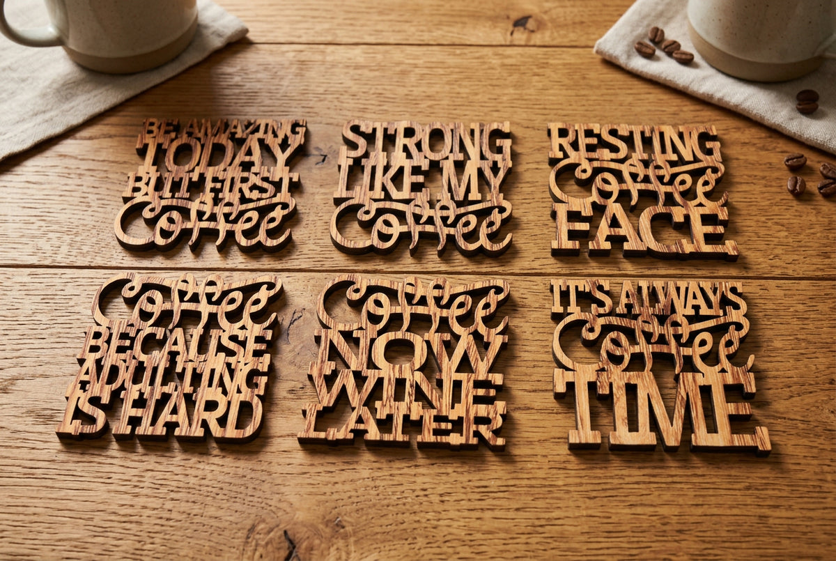 Wood Slogan Coasters (Coffee Themed)