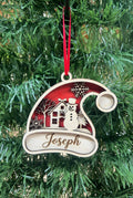 Personalised Santa hat with snowman tree decoration.