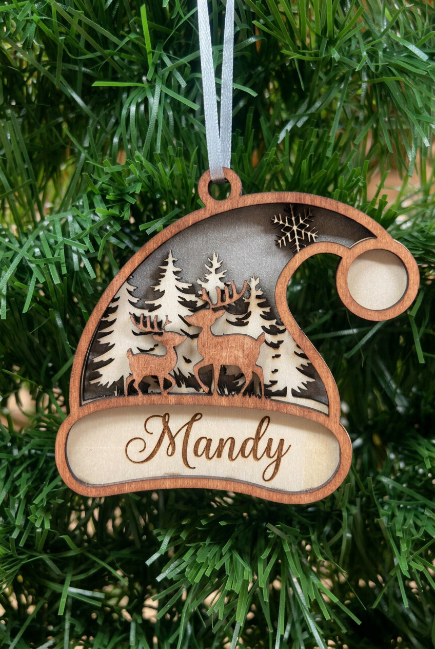 Personalised Santa hat with deer and forest scene