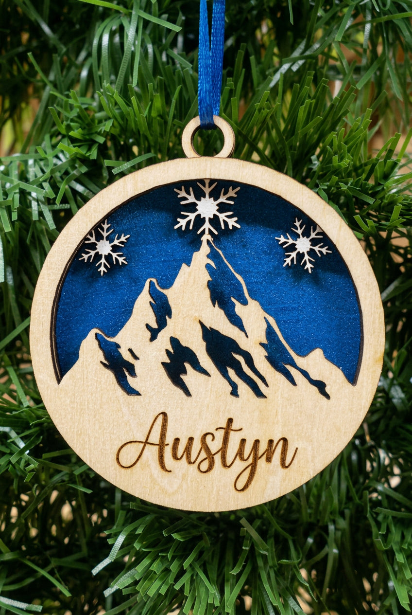Personalised mountain with snowflakes scene Christmas tree decoration