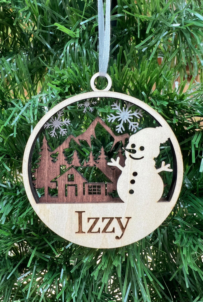 Personalised Snowman with snowflake and lodge scene Christmas tree decoration