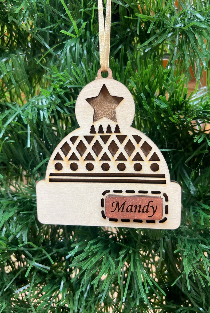 Personalised Bobble hat Christmas tree decoration.