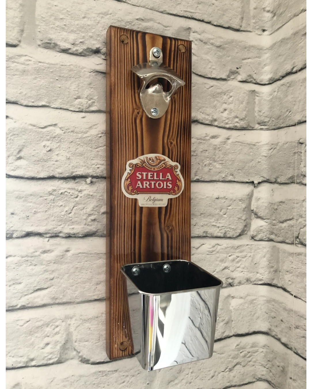 Handmade Reclaimed Wood Wall Mounted Bottle Opener with Cap Catcher - Fathers Day Gift - Beer Garden