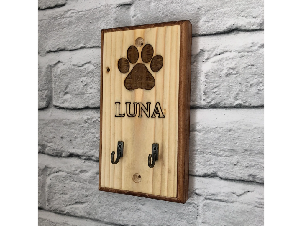 Handmade Solid Wood Personalised Engraved Dog Wall Mounted Key Hook Hanger Rack - Ideal For Lead / Leader / Leash / Poo Bags