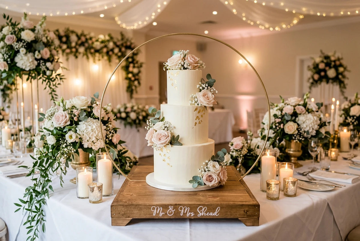 Rustic Personalised Engraved Wood Wedding Cake Stand with metal hoop