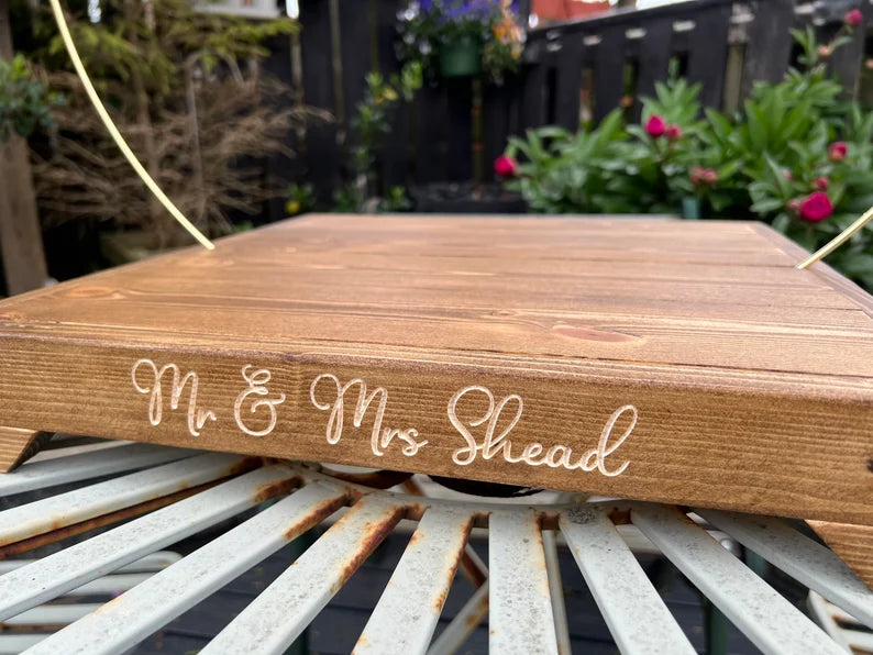 Rustic Personalised Engraved Wood Wedding Cake Stand with metal hoop