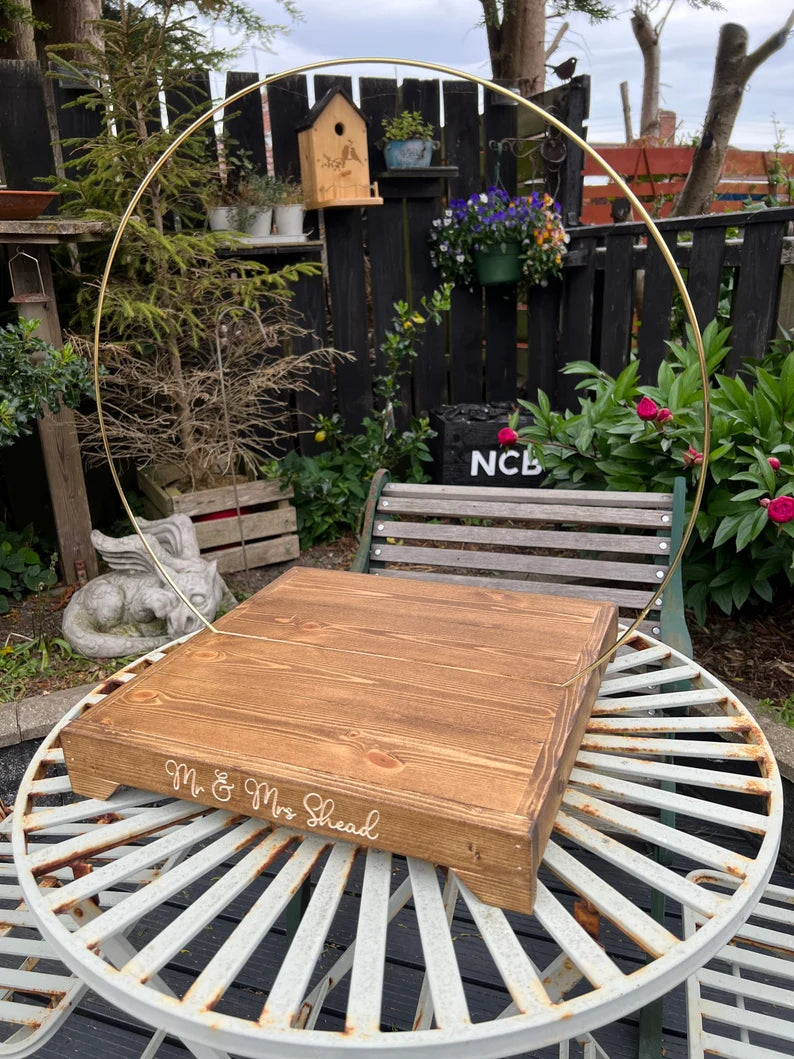 Rustic Personalised Engraved Wood Wedding Cake Stand with metal hoop
